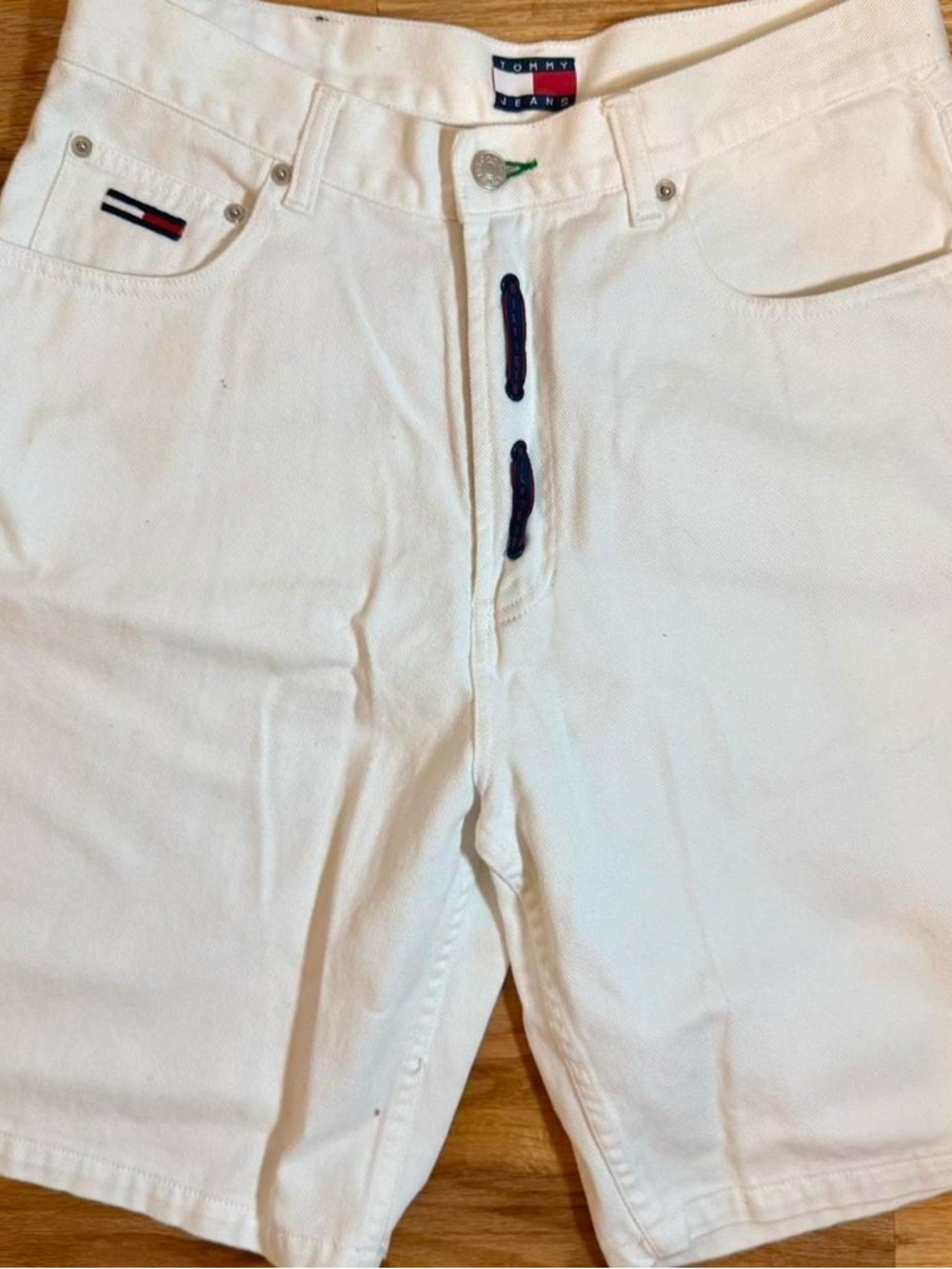 Tommy Hilfiger White Cotton Denim Shorts with Flag Trim